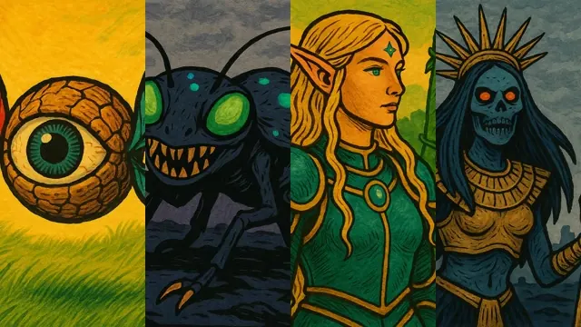 Four hand-inked creature cards from the deck.