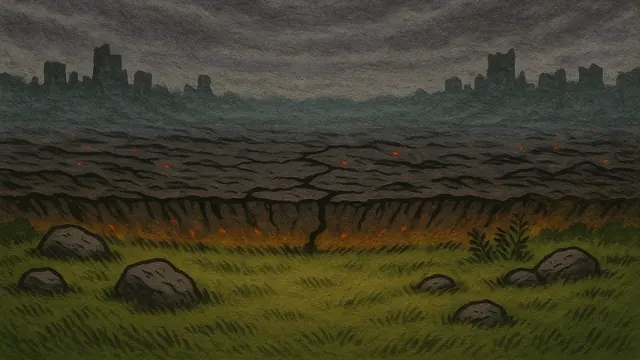 The battlefield: living grass on one lip of the chasm, burnt waste on the other.